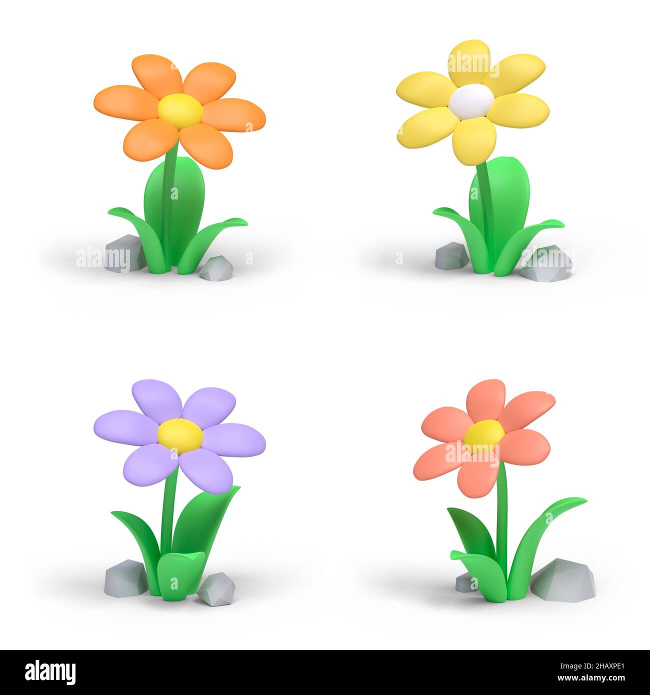 Set di quattro fiori di cartoni animati su sfondo bianco. Immagine 3D Foto Stock