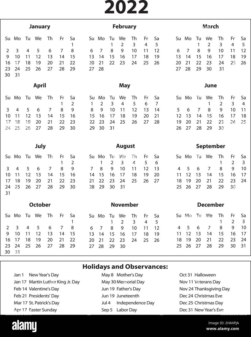 Calendario dell'anno 2022 una pagina con festività Illustrazione Vettoriale