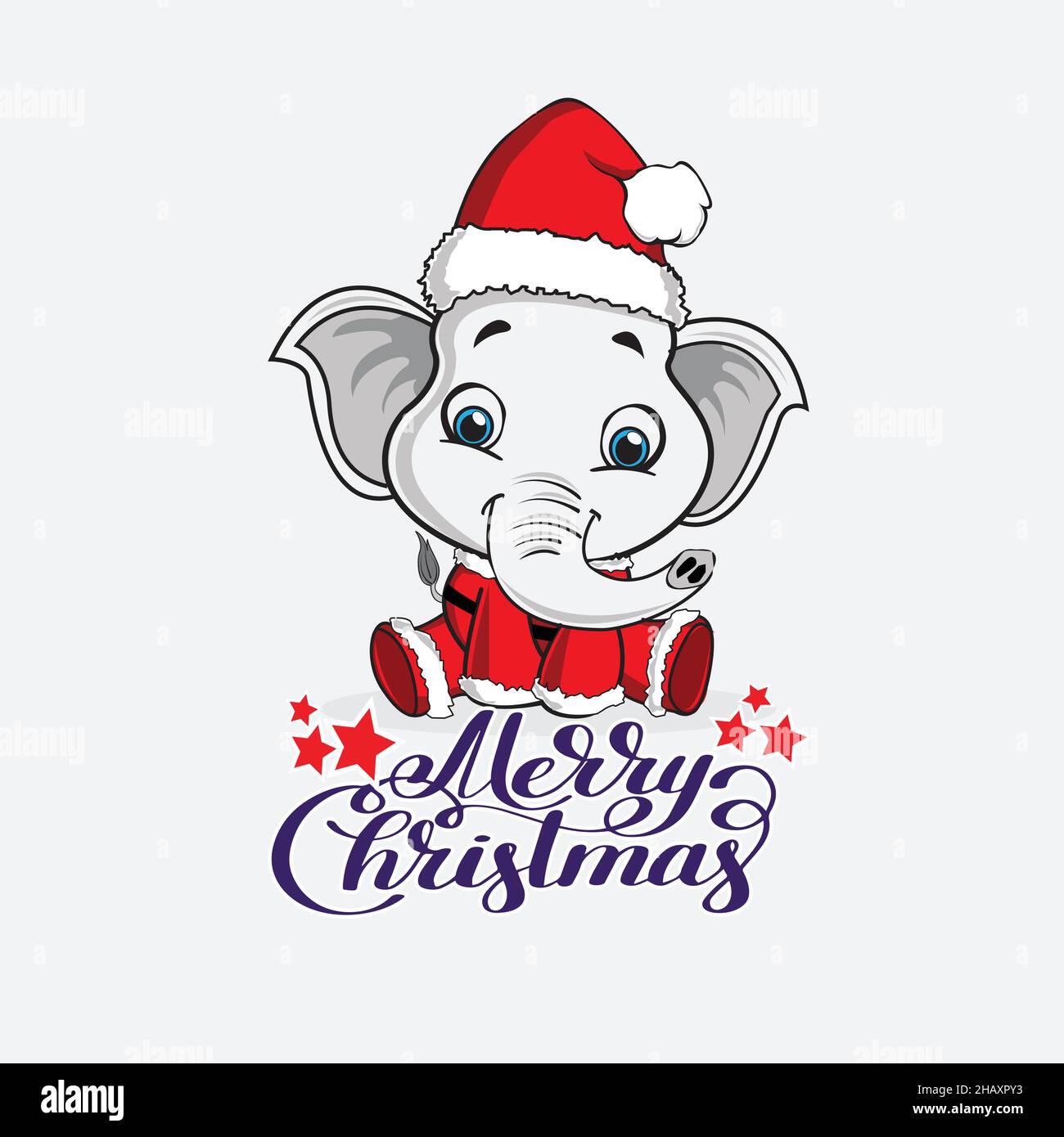 Sorridente bambino elefante Babbo Natale con felice anno nuovo scritta. Illustrazione Vettoriale