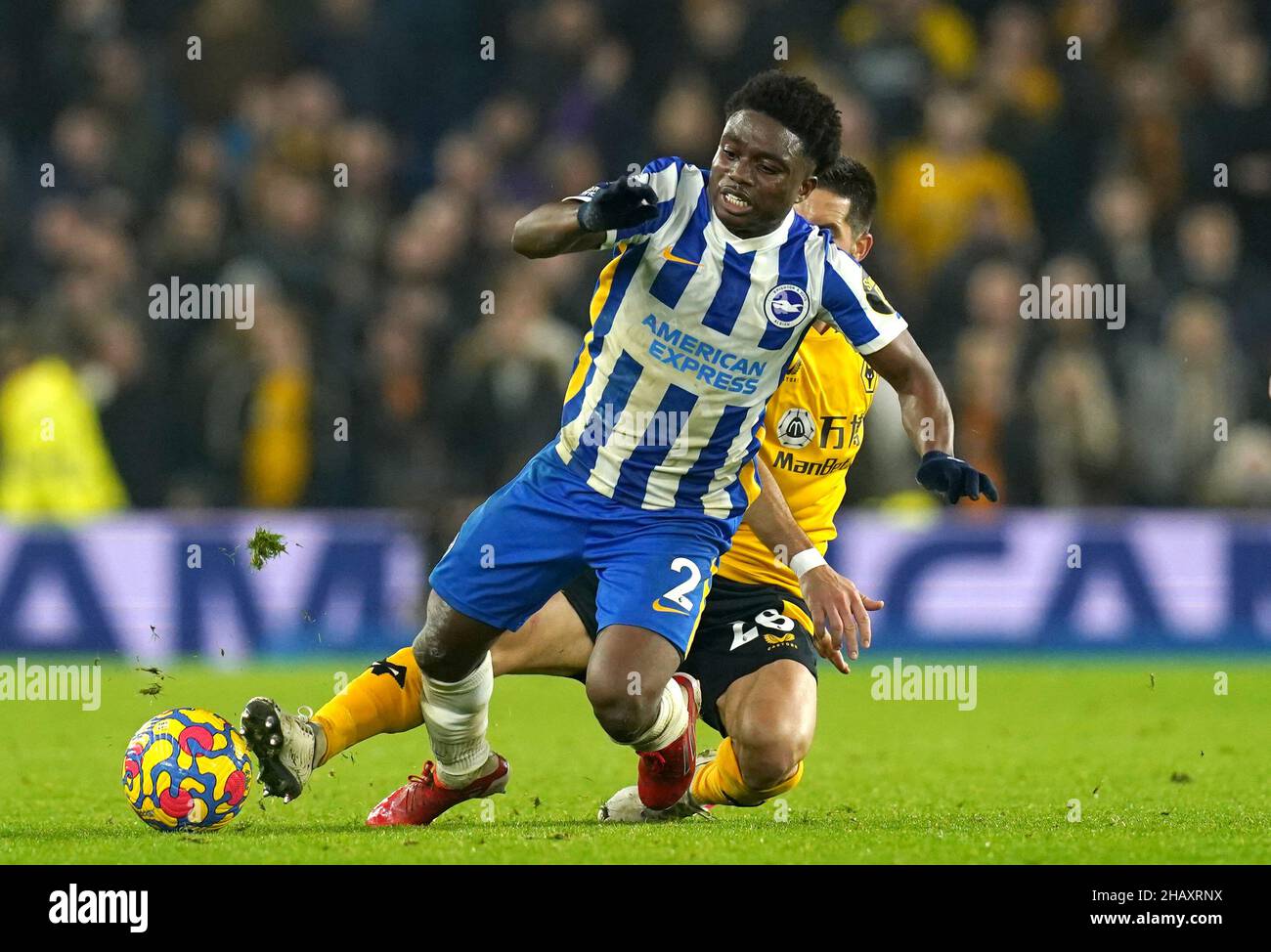Brighton e Hove Albion's Tariq Lamptey (fronte) e Wolverhampton Wanderers' Joao Moutinho combattono per la palla durante la partita della Premier League allo stadio AMEX di Brighton. Data foto: Mercoledì 15 dicembre 2021. Foto Stock