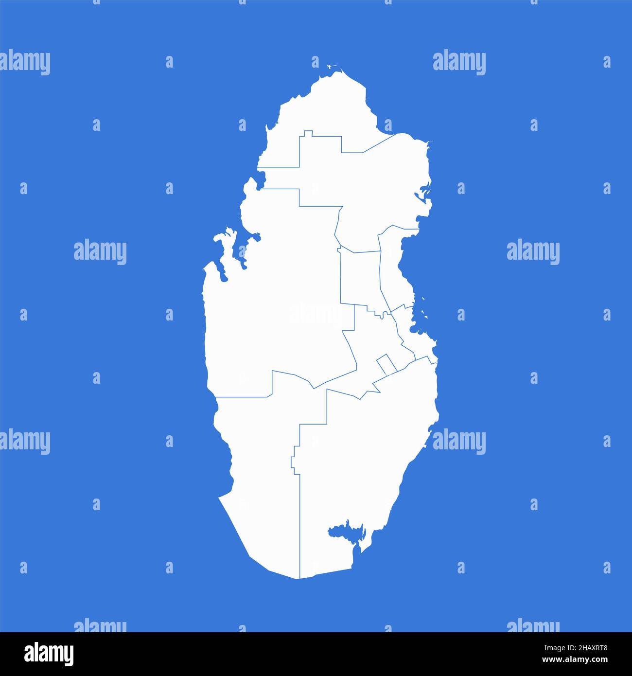 Mappa del Qatar, divisioni amministrative, sfondo blu, vuoto Foto Stock