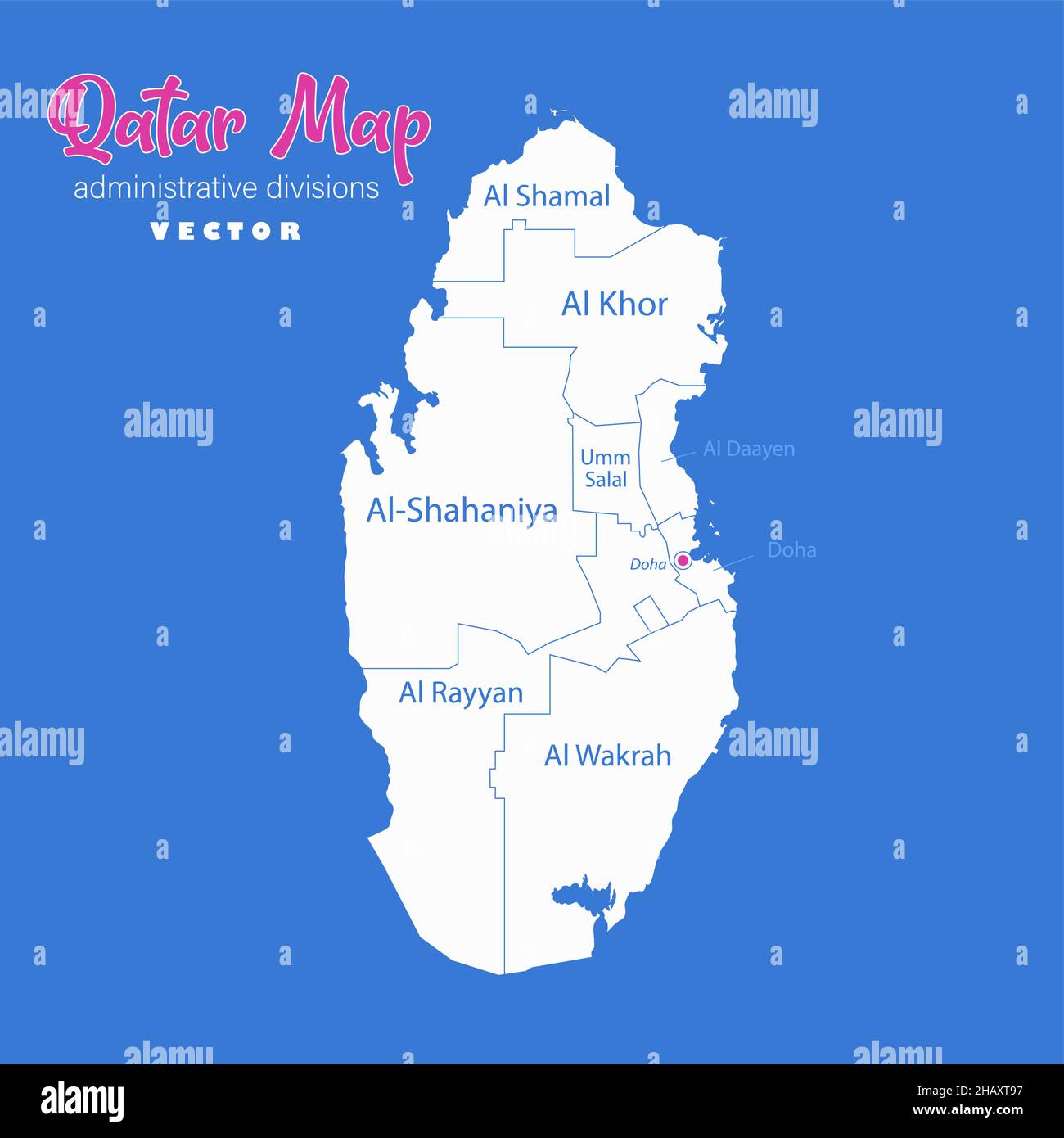 Mappa del Qatar, divisioni amministrative con nomi di regioni, vettore di sfondo blu Illustrazione Vettoriale