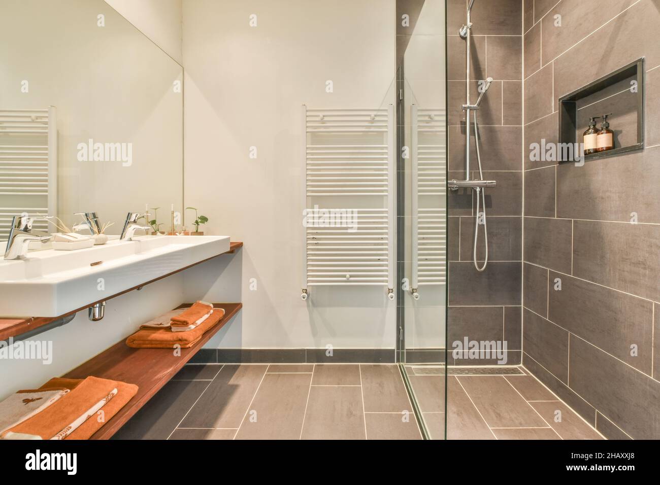 Bagno moderno e luminoso con parete e pavimento in grigio piastrellato e cabina doccia in vetro contro doppio lavabo sospeso sotto lo specchio Foto Stock