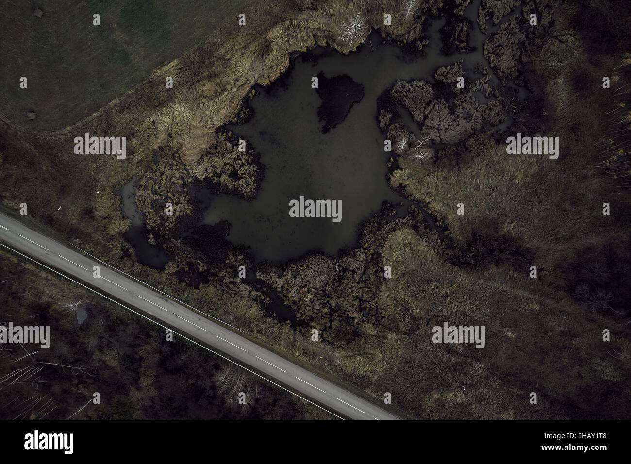 Vista in drone di una lunga strada asfaltata stretta con linee di marcatura che attraversano campi erbosi secchi con lago e alberi in natura Foto Stock