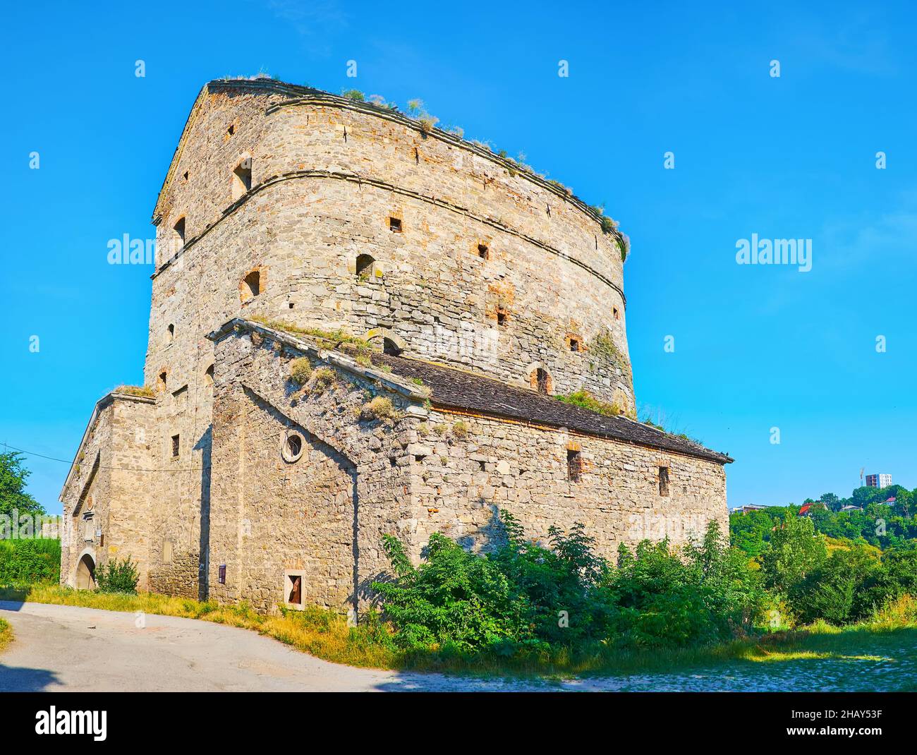 Conservato medievale Stephen Bathory Torre della città fortezza di Kamianets-Podilskyi, Ucraina Foto Stock