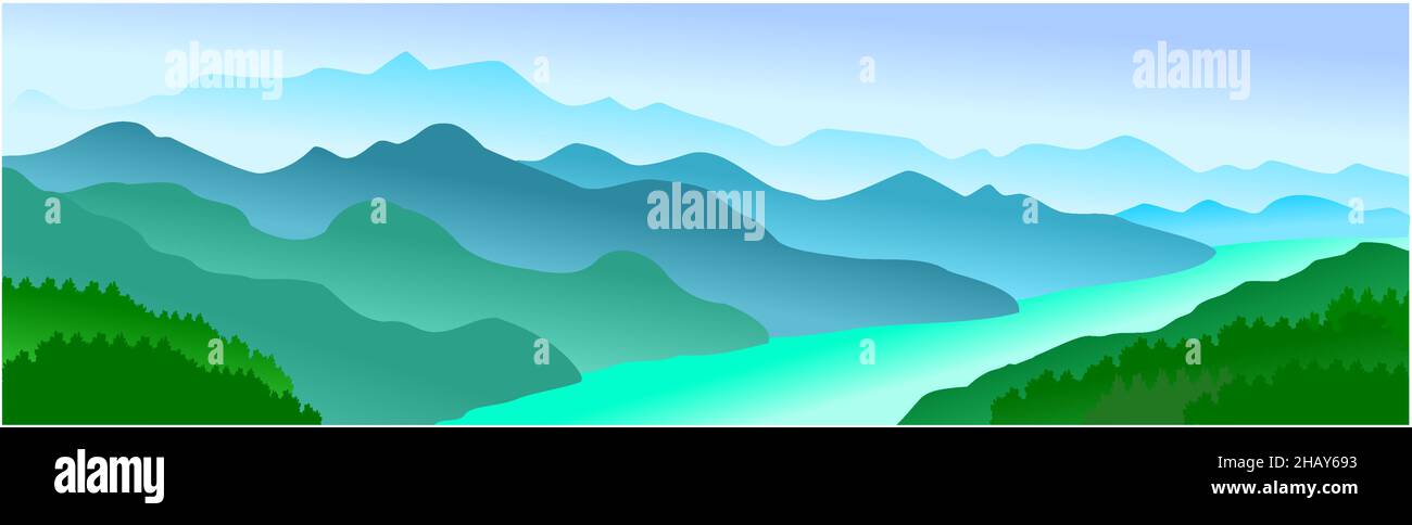 panorama vettore illustrazione di creste di montagna e fiume Illustrazione Vettoriale