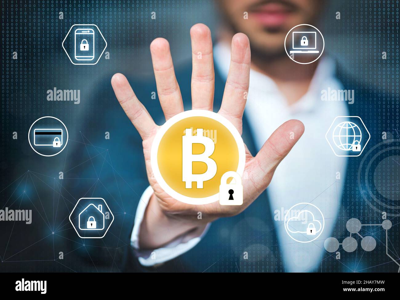 Sicurezza Bitcoin e criptovaluta e protezione dei dati. Concetto di Blockchain e cybersicurezza Foto Stock