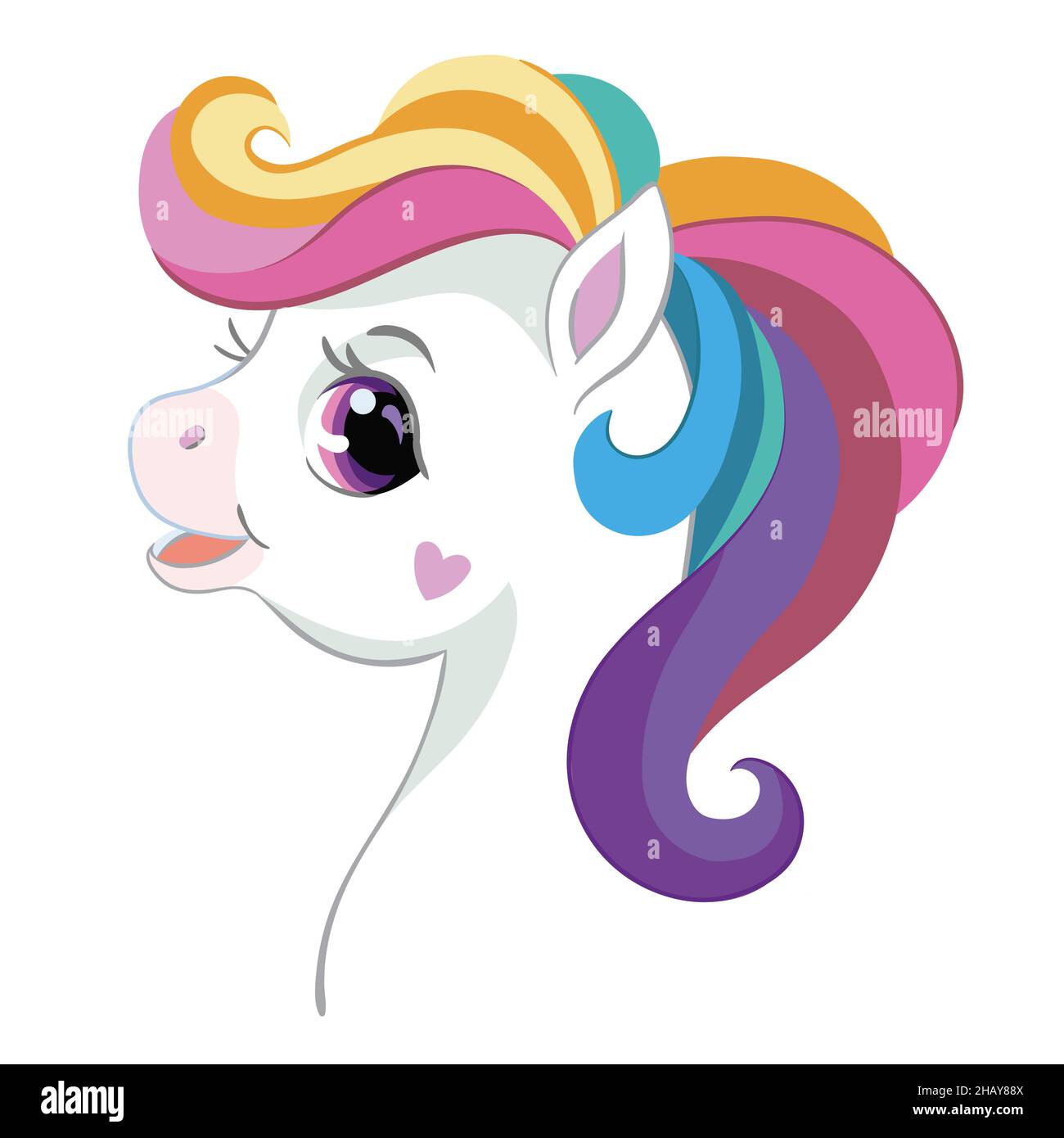 Simpatica e divertente testa di unicorno bianco con arcobaleno corly mane in stile cartone animato. Illustrazione isolata dal vettore. Per adesivi, design, decorazione, stampa, bambino Illustrazione Vettoriale