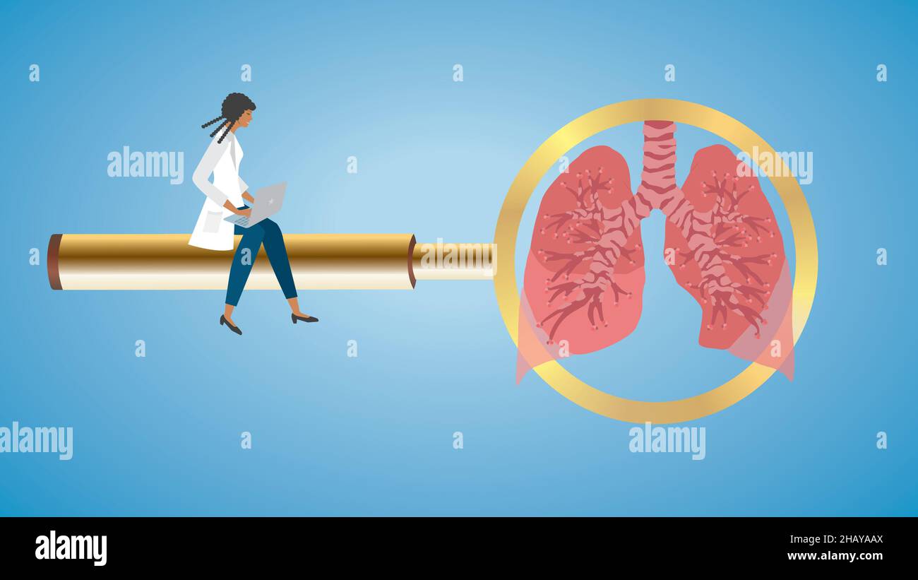 Concentrarsi sui polmoni. Donna seduta su lente d'ingrandimento dorata con laptop. Illustrazione vettoriale. Dimensione 16:9. EPS10. Illustrazione Vettoriale