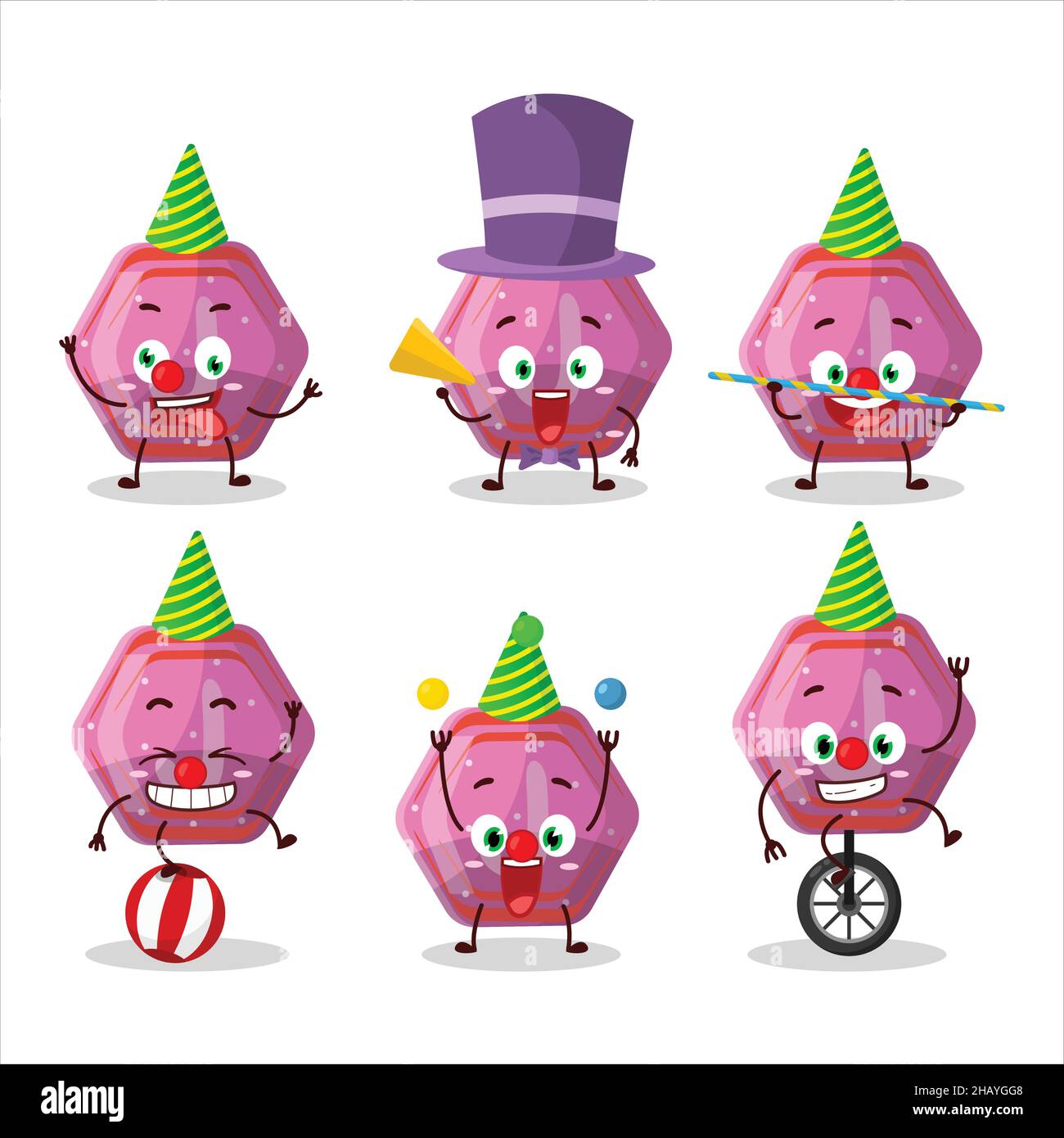 Personaggio cartoon di caramella rosa gummy j con vari spettacoli circensi. Illustrazione vettoriale Illustrazione Vettoriale