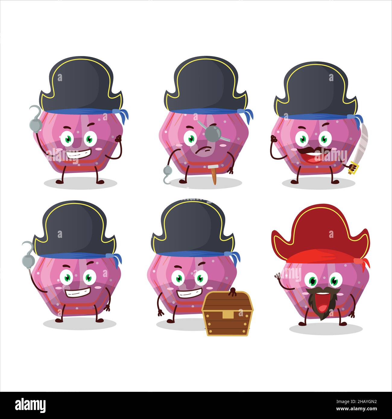 Personaggio cartoon di caramella rosa gummy j con varie emoticon pirati. Illustrazione vettoriale Illustrazione Vettoriale