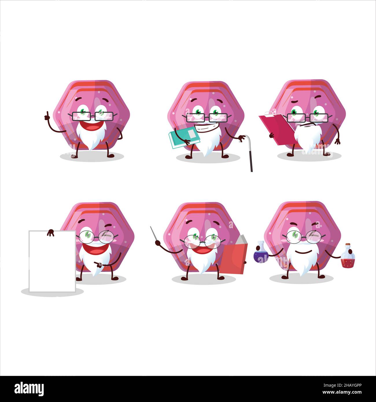 Professor rosa gummy caramy j personaggio cartoon accademico che lavora in laboratorio. Illustrazione vettoriale Illustrazione Vettoriale