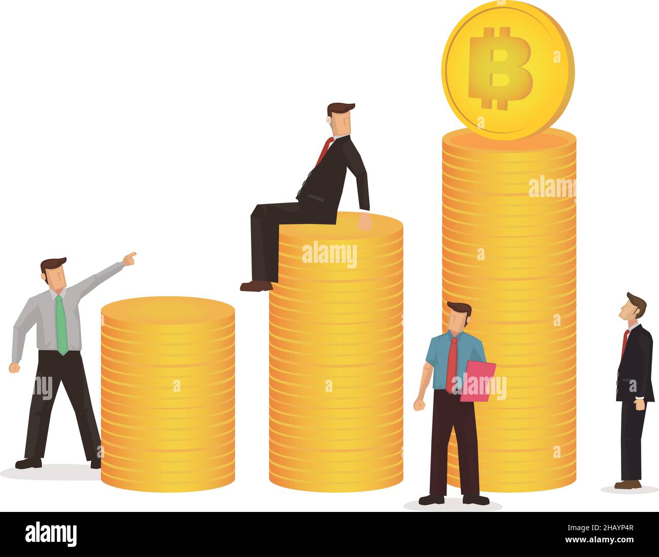 Uomini d'affari che vedono il valore di Bitcoin. Concetto finanziario e commerciale di bitcoin e criptovaluta. Illustrazione vettoriale isolata. Illustrazione Vettoriale