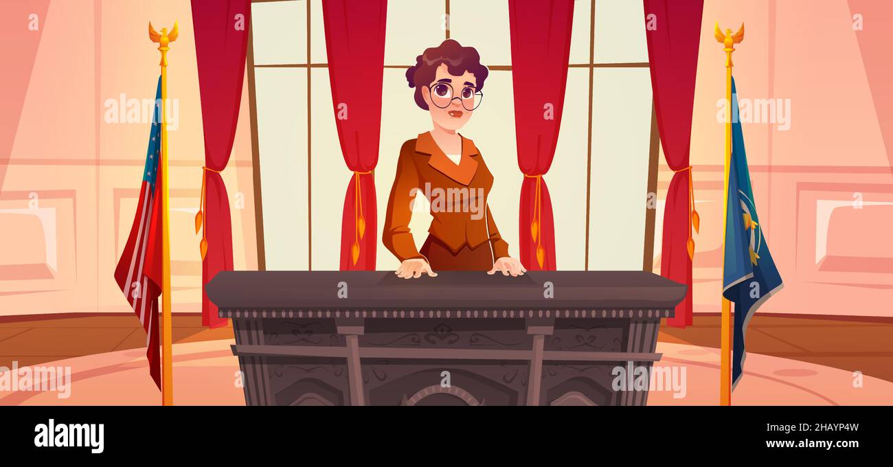 Donna presidente degli Stati Uniti d'America in ufficio ovale, signora politico a tavola in legno in gabinetto con grandi finestre e bandiera USA, personaggio femminile paese regnante, Cartoon vettore illustrazione Illustrazione Vettoriale