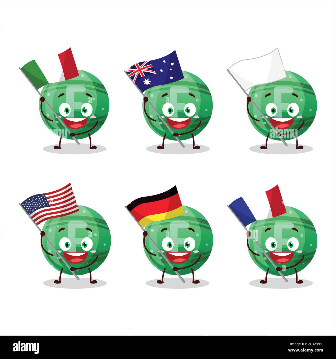 Il personaggio cartoon F verde gommoso caramella porta le bandiere di vari paesi. Illustrazione vettoriale Illustrazione Vettoriale