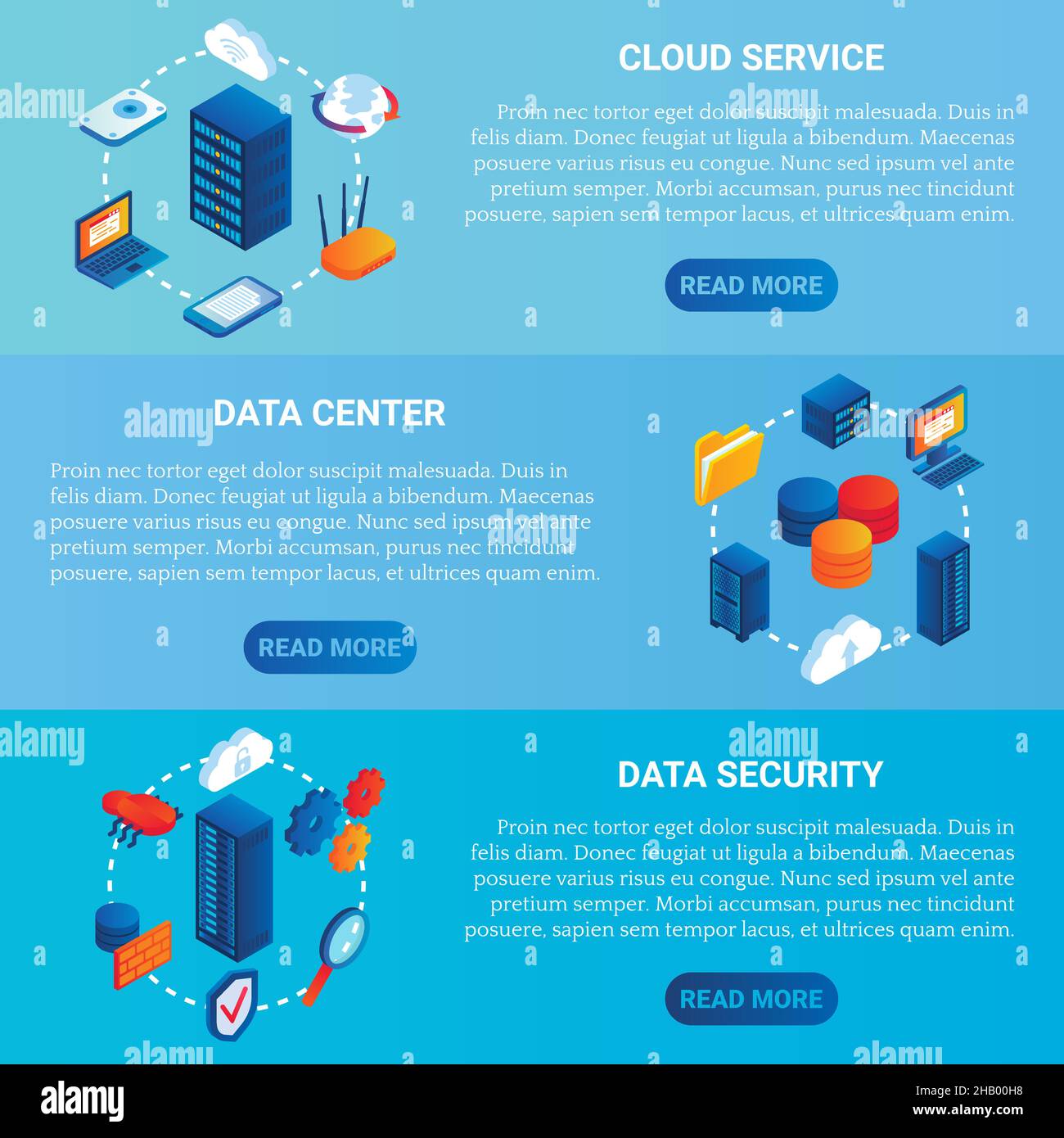 Set di banner isometrici orizzontali vettoriali per data center Illustrazione Vettoriale