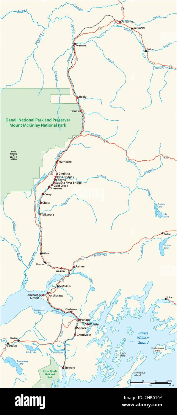 Mappa della ferrovia Fairbanks a Seward, Alaska, USA Illustrazione Vettoriale