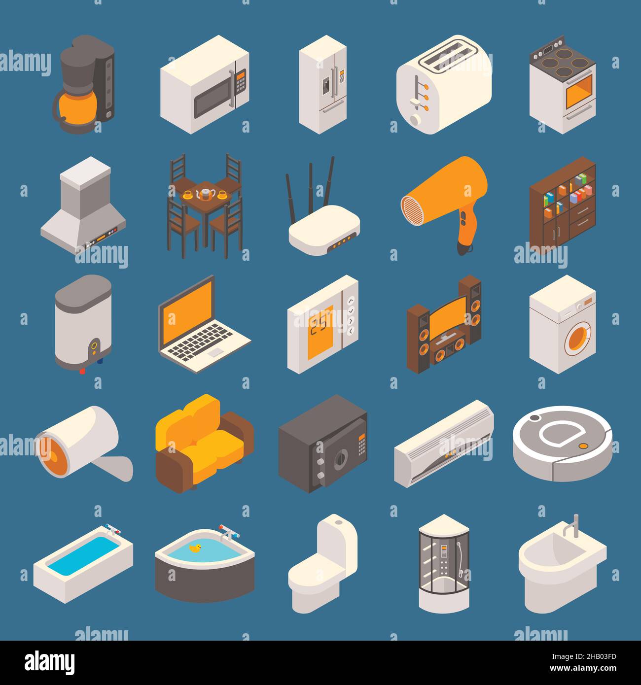 Set di icone Smart Home vettoriali. Elettrodomestici isometrici piatti, apparecchiature informatiche e simboli di mobili, elementi di design. Illustrazione Vettoriale