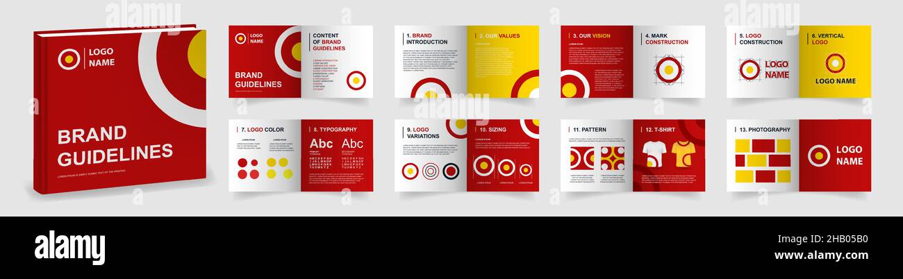 Modello delle linee guida per il marchio. Modello di linee guida per il logo rosso. Mockup di presentazione del manuale del marchio multiuso. Layout del manuale del logo Illustrazione Vettoriale