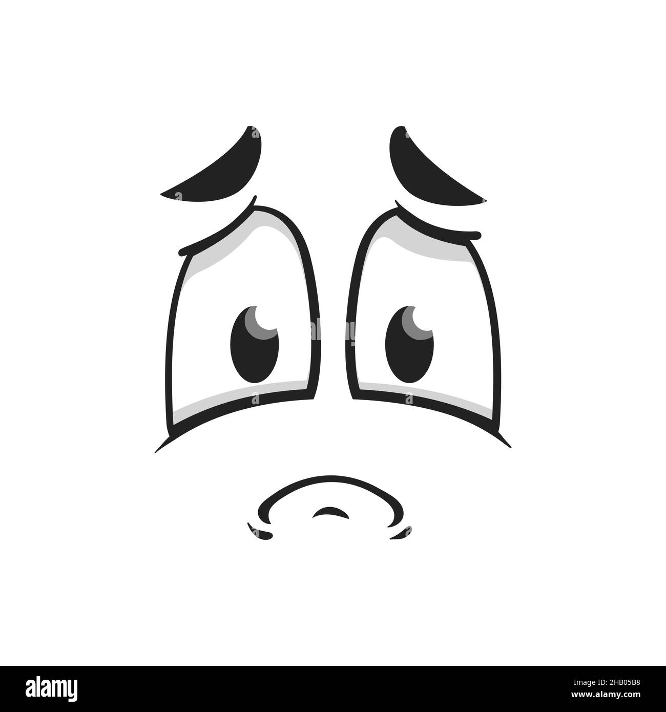 Cartoon volto triste, vettore aspetto plaintivo, unhappy o sconvolto emoji personage. Tragica espressione facciale con angoli della bocca curvati verso il basso. Isolato cha Illustrazione Vettoriale