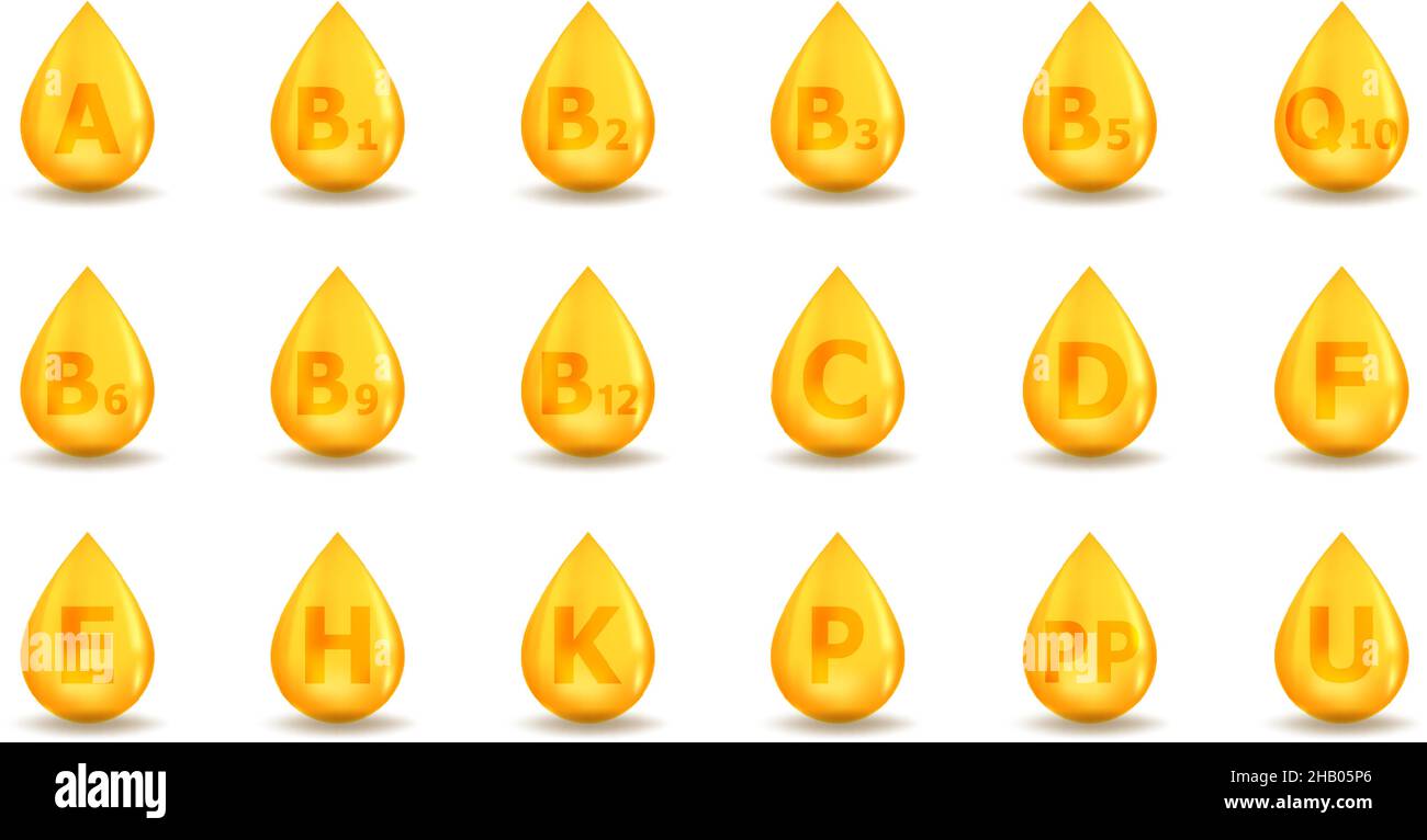 Set di complesso di gocce di vitamina. VITAMINA A, B, C, D, E, K, F, U, H, P, PP e altro ancora. Integratore multivitaminico concetto di illustrazione. Illustrazione Vettoriale