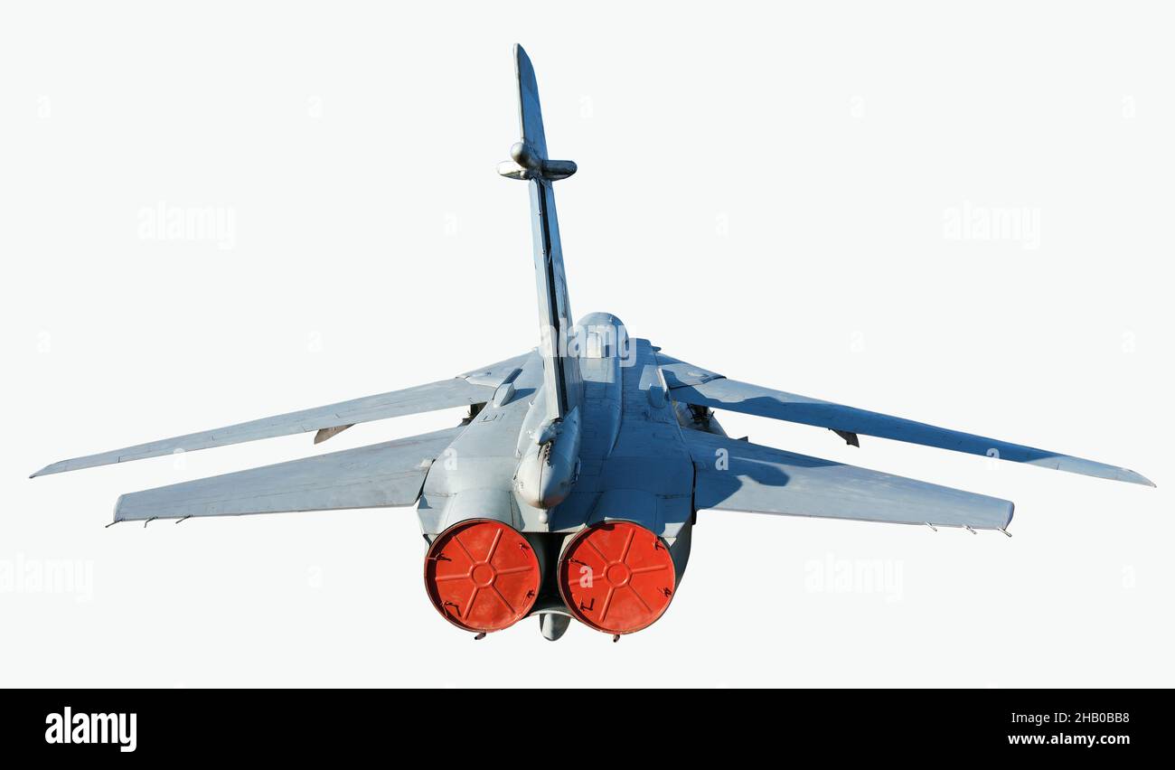 Aereo militare vista posteriore isolato. Combattimento volo aereo tema Foto Stock