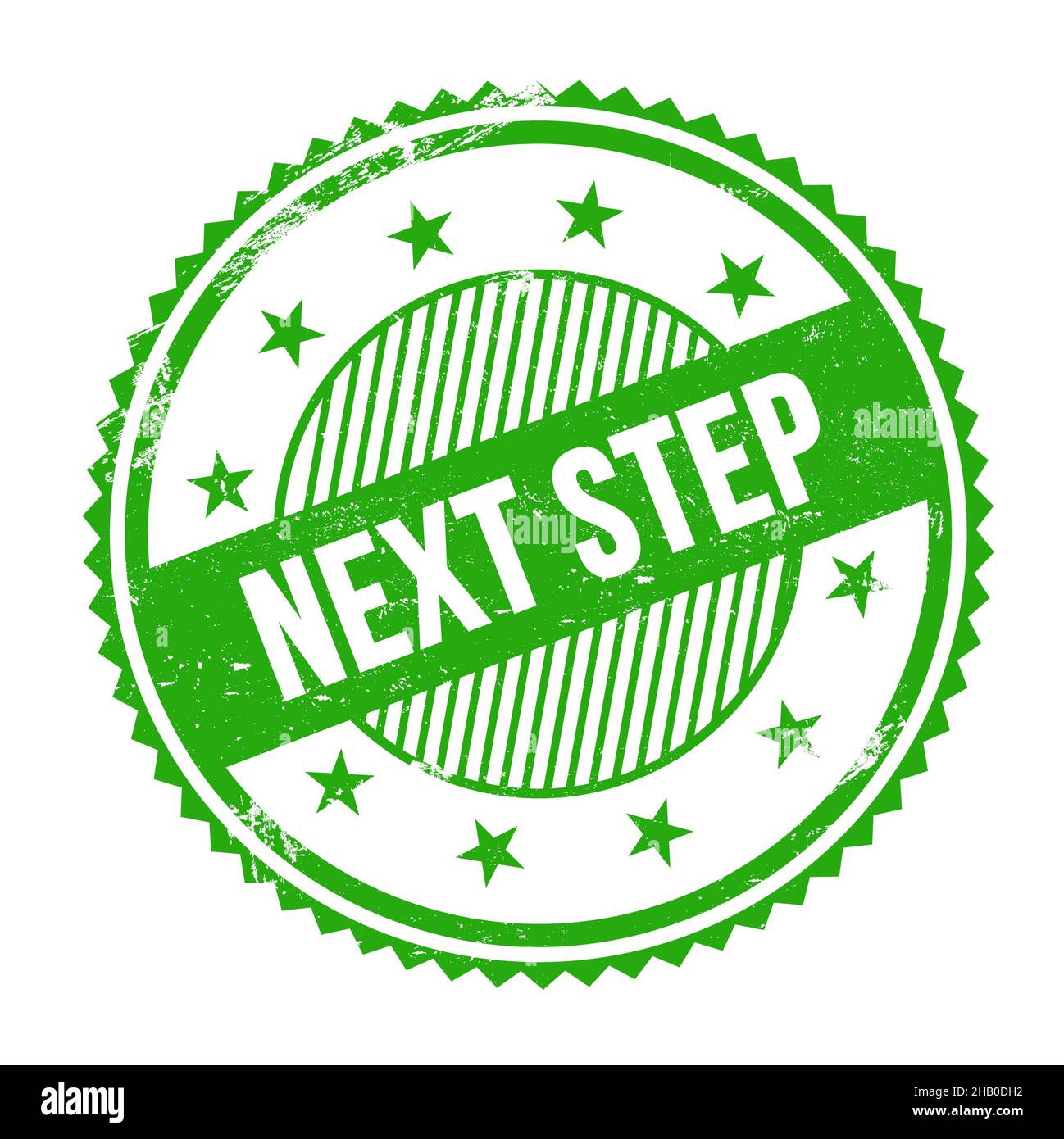 TESTO DEL PASSO SUCCESSIVO scritto sul verde grungy zig zag bordi rotondo timbro. Foto Stock