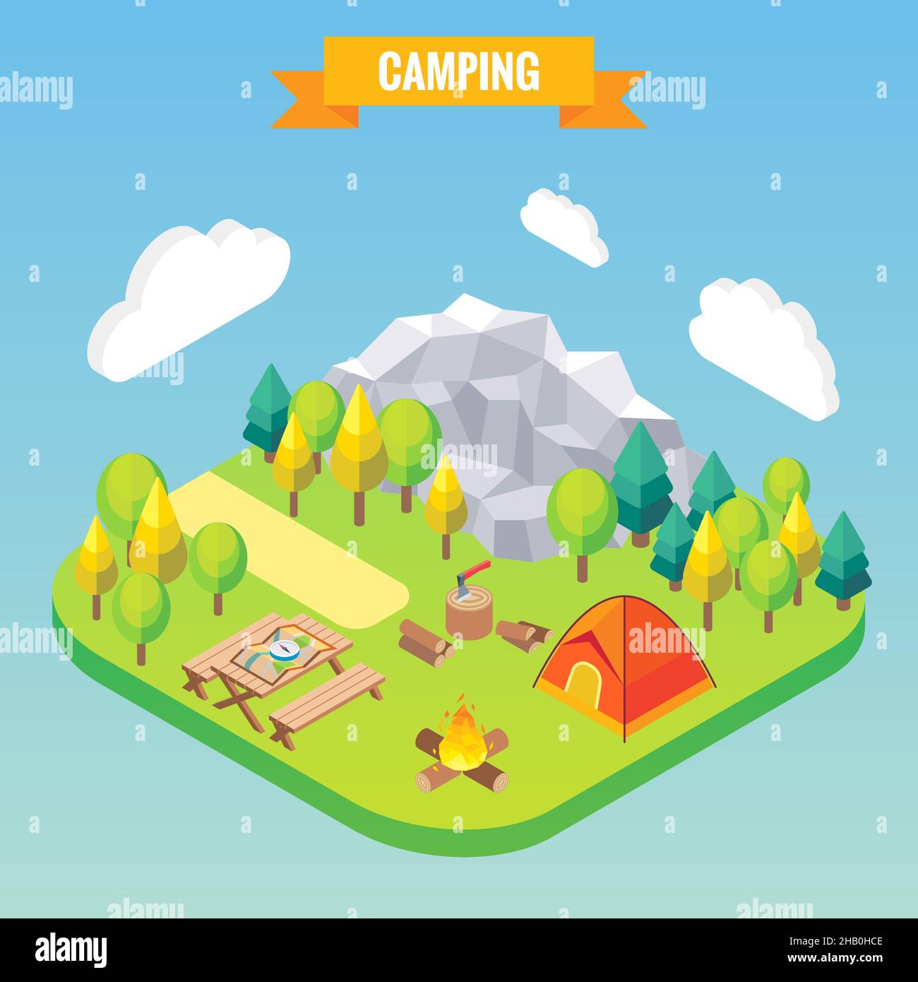 Concetto isometrico camping. Illustrazione vettoriale in stile 3D piatto. Attività all'aperto nel campo. Viaggi in montagna Illustrazione Vettoriale