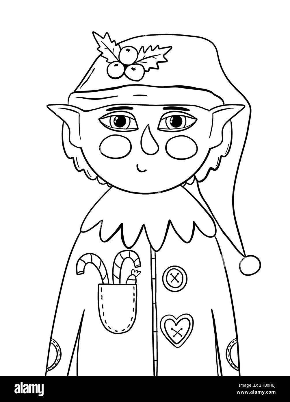 Pagina del libro di colorazione Elf. Ritratto divertente di elfo di Natale. Foto Stock