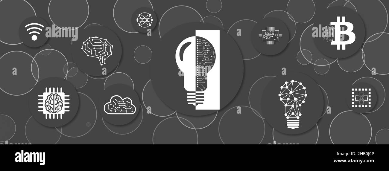 Concetto di rivoluzione digitale con icone sui cerchi Foto Stock