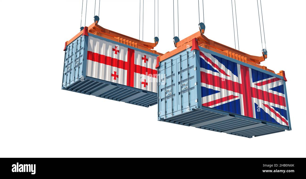 Container merci con bandiera nazionale della Georgia e del Regno Unito. 3D rendering Foto Stock
