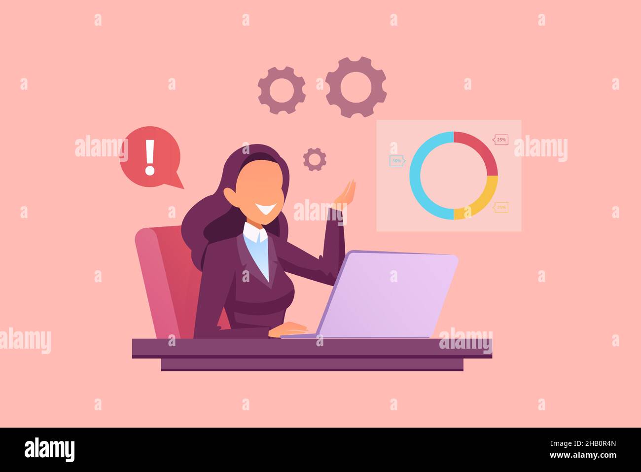 Vettore di una giovane donna d'affari che lavora al computer seduto alla scrivania alla ricerca di idee di avvio Illustrazione Vettoriale