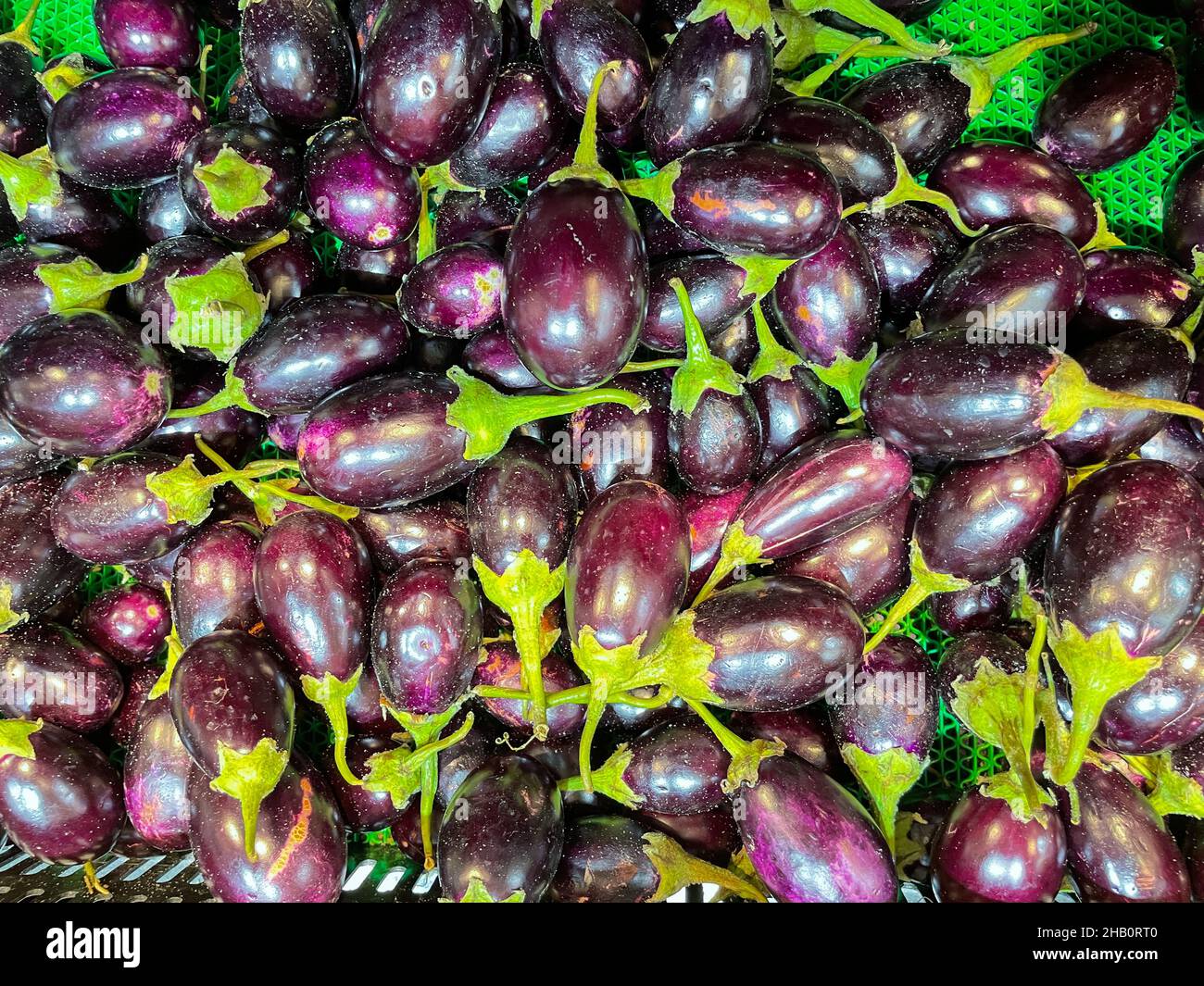 Eggplants freschi biologici chiamato anche Brinjal mantenuto in un cestino in un supermercato Foto Stock