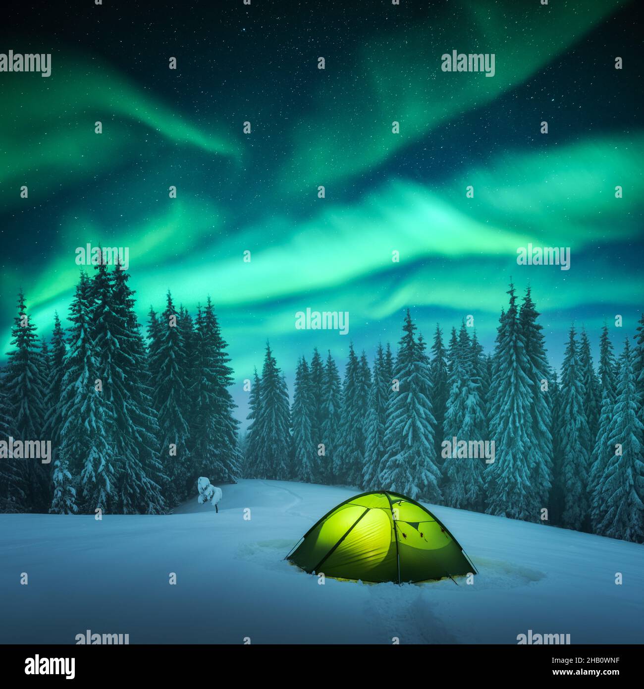 Tenda gialla illuminata dall'interno sullo sfondo di un incredibile cielo stellato con aurora boreale. Panorama notturno incredibile. Aurora boreale in campo invernale Foto Stock