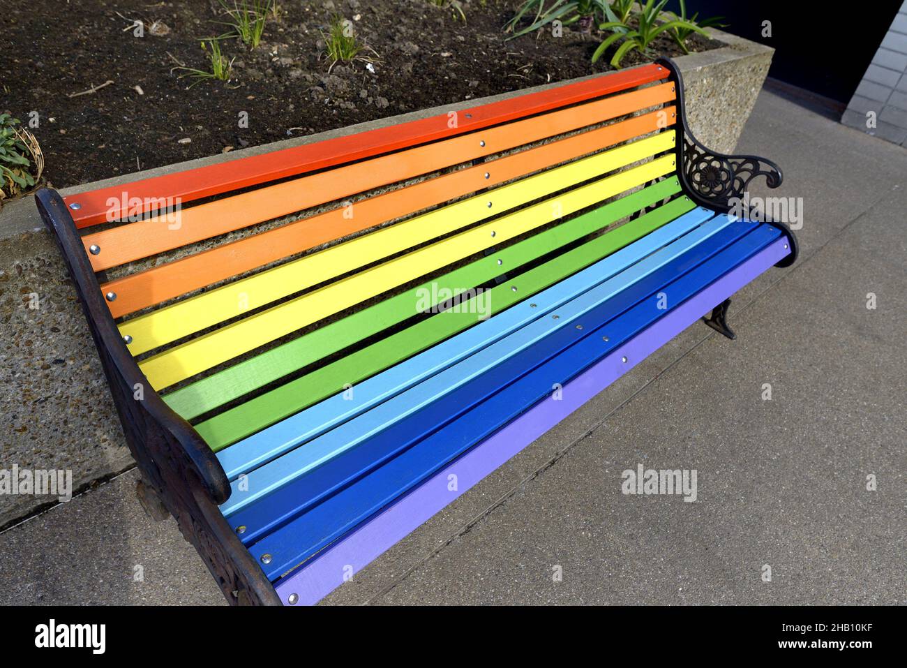 Londra, Inghilterra, Regno Unito. Panchina Rainbow fuori dall'ospedale St Thomas's. Foto Stock