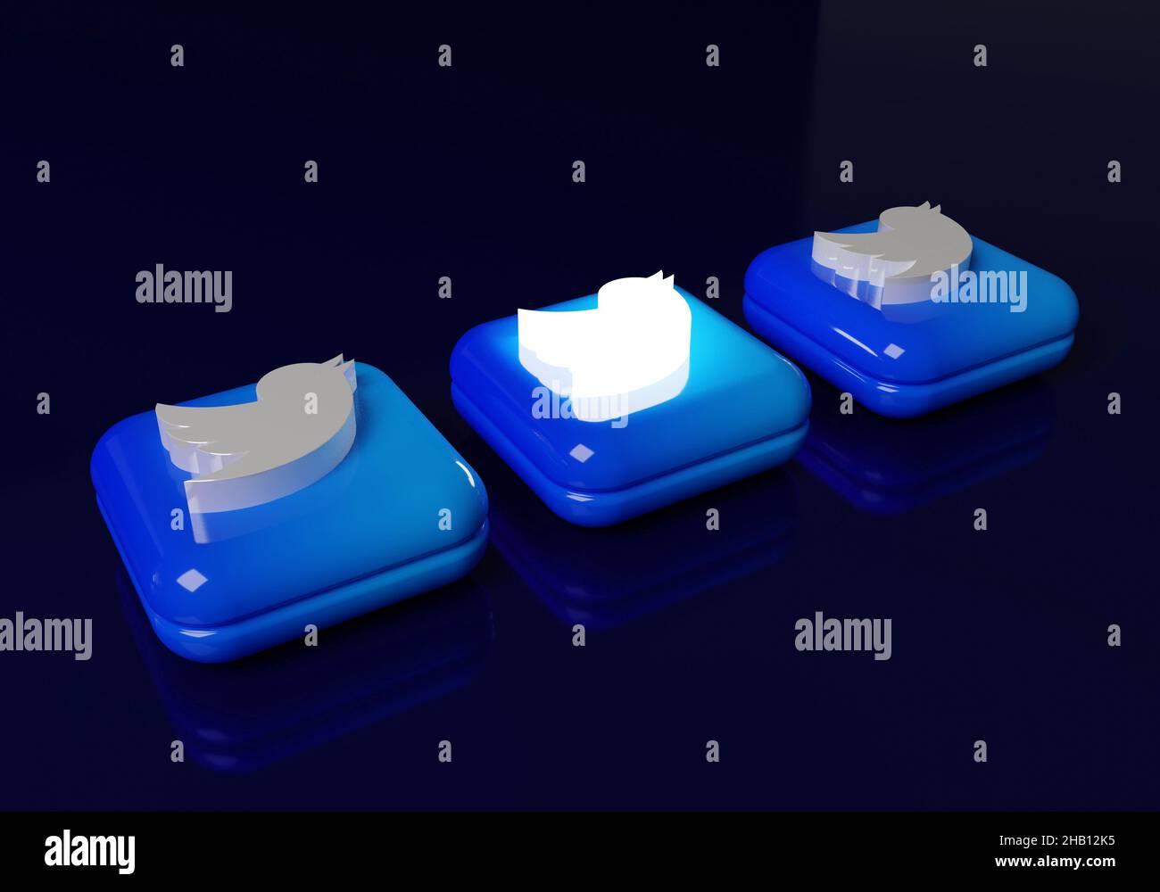 Rendering del logo dell'applicazione Twitter 3D su sfondo blu Foto Stock