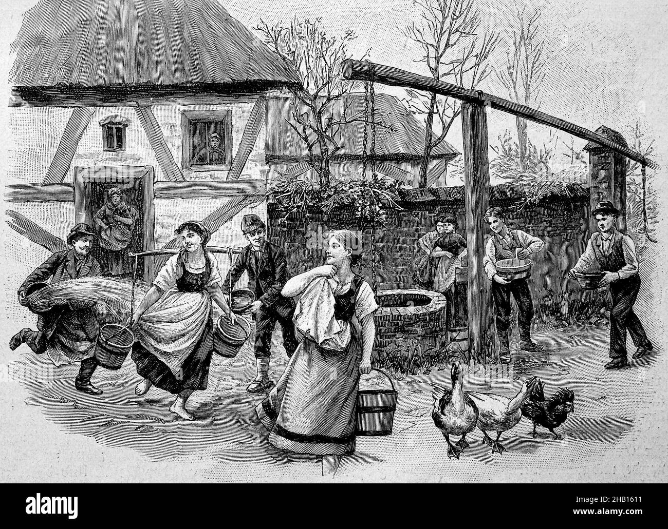 Pasqua mattina nella campagna della Prussia Est, 1895, Germania / Ostermorgen auf dem Land in Ostpreußen, 1895, Deutschland, Historisch, storico, Riproduzione digitale migliorata di un originale del 19th secolo / digitale restaurierte Reproduktion einer Originalvorlage aus dem 19. Jahrhundert, Originaldatum nicht bekannt Foto Stock