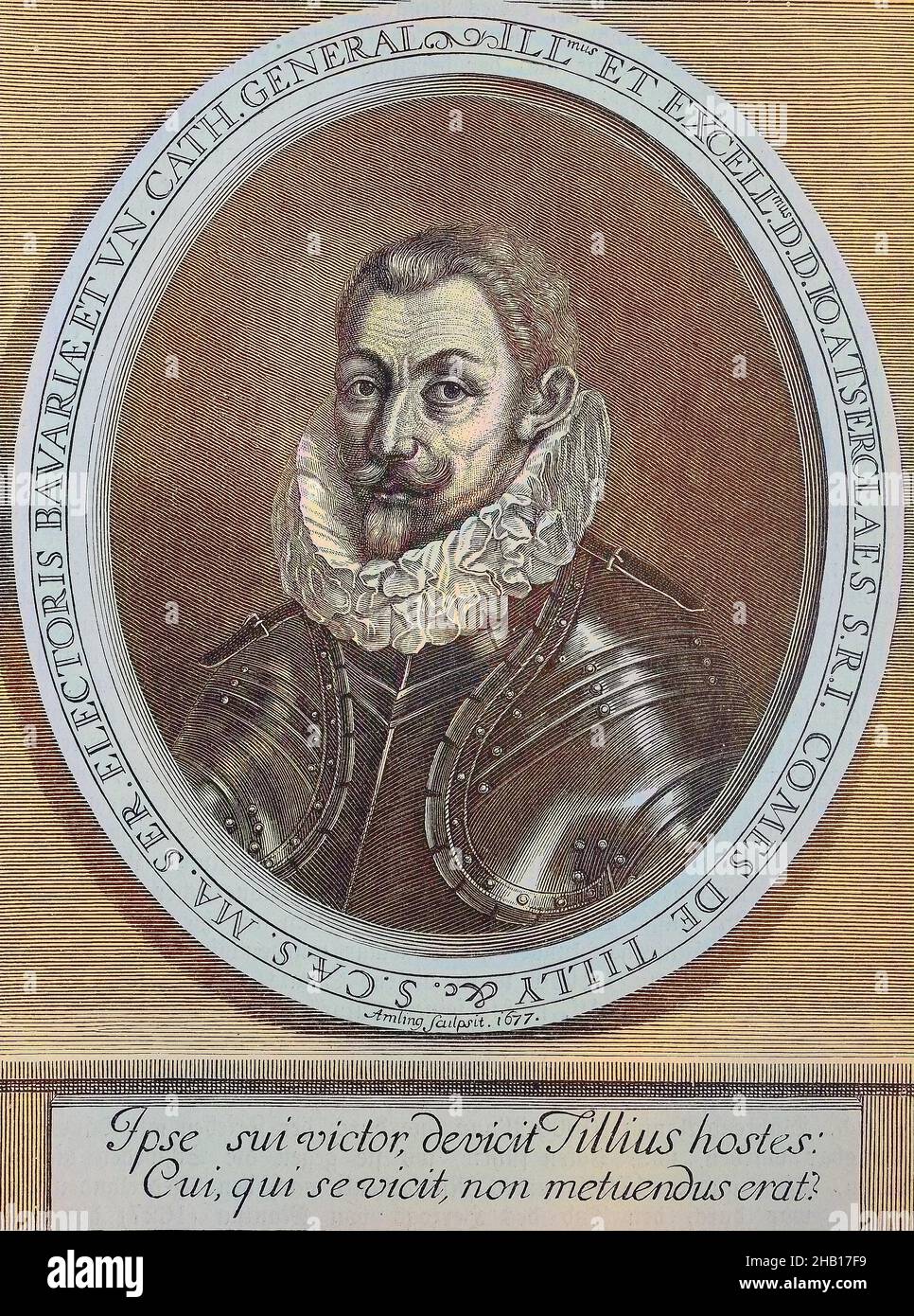 Johann, John o Jean T'Serclaes di Tilly, dal 1559 febbraio al 30 aprile 1632, fu un conte olandese che servì durante la Guerra dei Trent'anni come comandante supremo sia della Lega Cattolica che dal 1630 dell'esercito imperiale, incisa da Umling After One Portrait, 1677 / Johann, John oder Jean T'Serclaes von Tilly, febbraio 1559 - 30. Aprile 1632, war ein Niederländischer Graf, der während des Dreißigjährigen Krieges als Oberbefehlshaber sowohl der Katholischen Liga als auch ab 1630 der kaiserlichen Armee diente, Stich von Umling nach einem Porträt, 1677, riproduzione storica, digitale migliorata di An Foto Stock