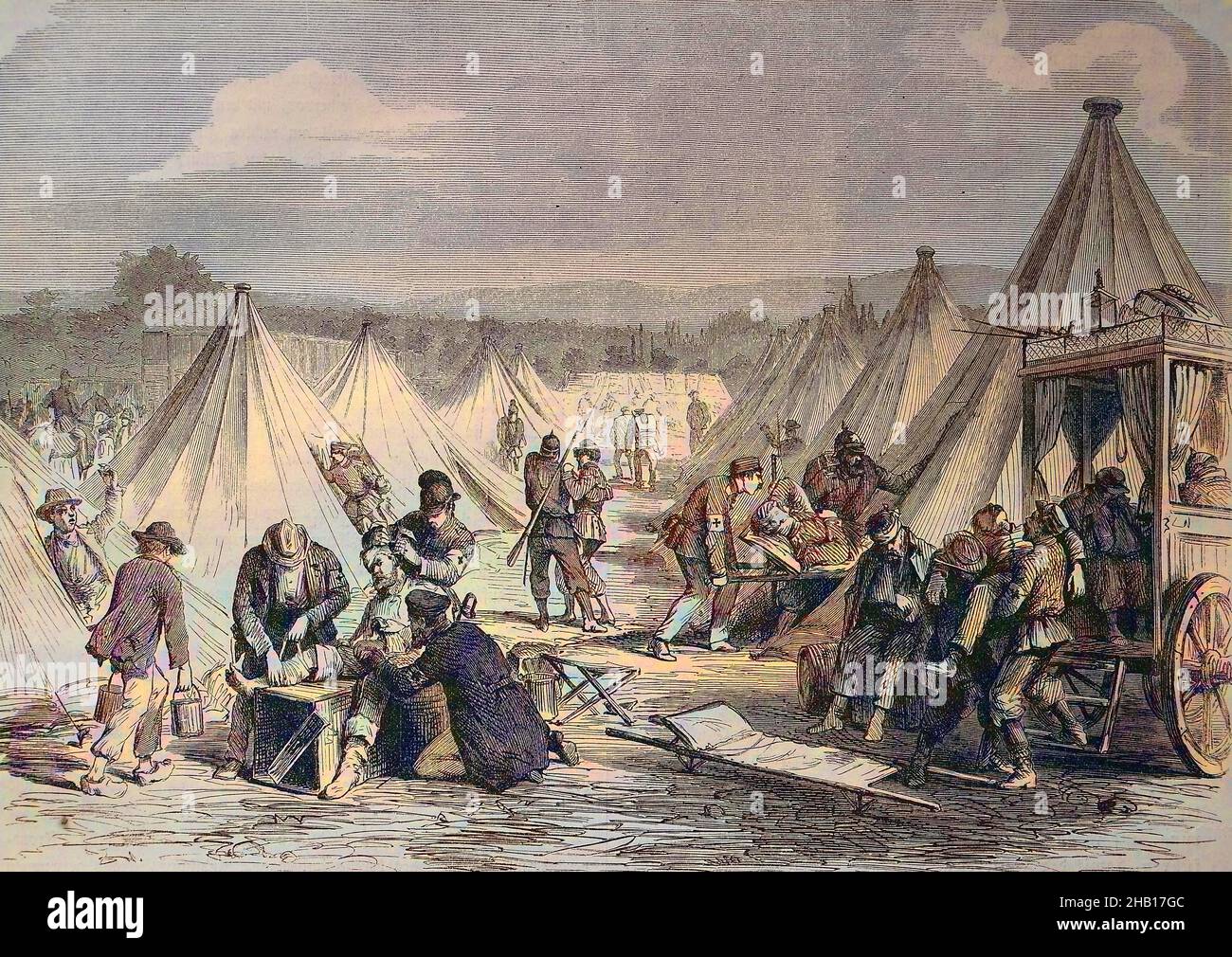 Mac Mahon ha conquistato il campo tenda vicino a Reichshofen, che ora serve come un lazareth per i soldati feriti, Francia, campagna tedesco-francese del 1870 / Mac Mahon erobert Zeltlager bei Reichshofen, das nun als Lazarett für verwundette Soldaten dient, Frankreich, deutsch-Französischer Feldzug von 1870, storico, Riproduzione digitale migliorata di un originale del 19 ° secolo / digitale Reproduktion einer Originalvollage aus dem 19. Jahrhundert, Originaldatum nicht bekannt, Kolorierung, koloriert, handkoloriert, Colorazione a mano, colorata a mano Foto Stock