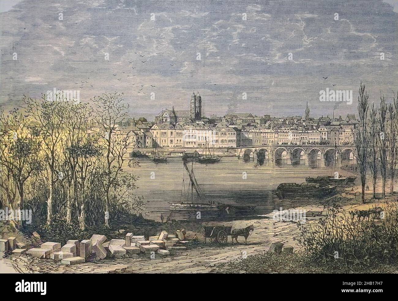 Vista attraverso il fiume Loira alla città di Tours nella regione Centre-Val de Loire, Francia, ca. 1870 / Blick über die Loire auf die Stadt Tours in der Region Centre-Val de Loire, Frankreich, ca. 1870, storico, digitale riproduzione migliorata di un originale del 19 ° secolo / digitale Reproduktion einer Originalvollage aus dem 19. Jahrhundert, Originaldatum nicht bekannt, Kolorierung, koloriert, handkoloriert, Colorazione a mano, colorata a mano Foto Stock