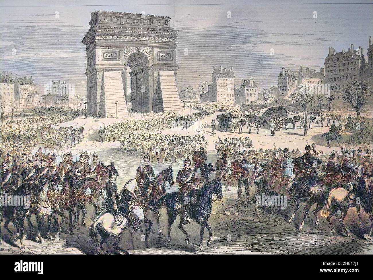 Ingresso delle truppe tedesche a Parigi sull'Arco di Trionfo, il 1 marzo 1871, guerra franco-tedesca, Francia / Einzug der deutschen Truppen a Parigi am Arc de Triomphe, em 1. März 1871, Deutsch-Französischer Krieg, Frankreich, riproduzione storica, digitale migliorata di un originale del 19 ° secolo / digitale Reproduktion einer Originalvollage aus dem 19. Jahrhundert, Originaldatum nicht bekannt, Kolorierung, koloriert, handkoloriert, Colorazione a mano, colorata a mano Foto Stock