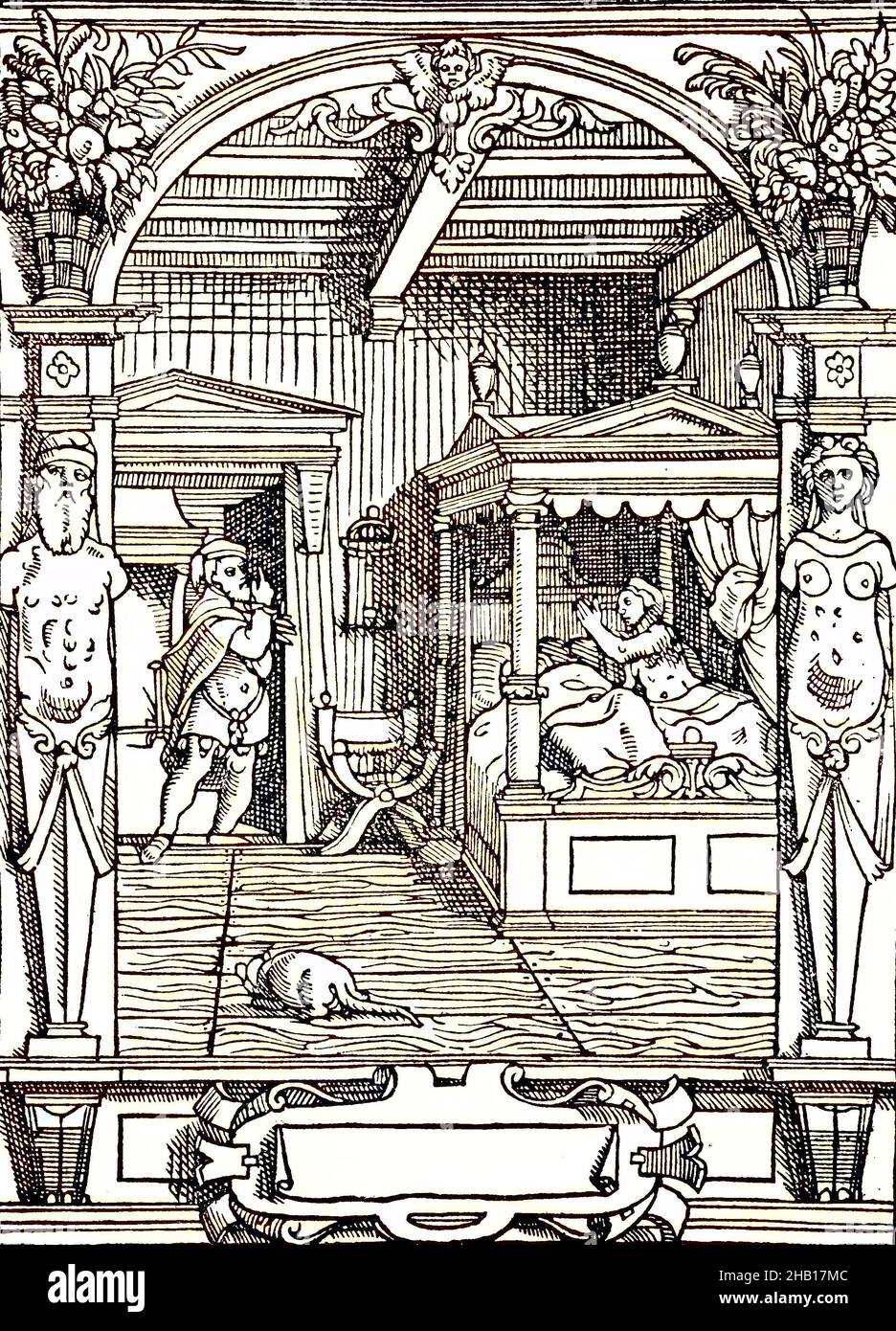 Adulterio, illustrazione di adulterio da un libro di legge francese del XVI secolo, donna sta aspettando a letto e in attesa di amante / Ehebruch, Illustration des Ehebruchs aus einem französischen Gesetzbuch des 16. Jahrhunderts, Frau wartet im Bett und wartet auf den Liebhaber, riproduzione storica, digitale migliorata di un originale del 19 ° secolo / digitale Reproduktion einer Originalvorlage aus dem 19. Jahrhundert, Originaldatum nicht bekannt, Kolorierung, koloriert, handkoloriert, Colorazione a mano, colorata a mano Foto Stock