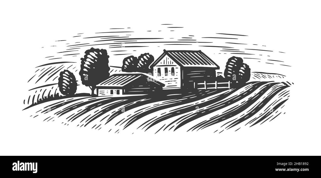 Campagna paesaggio fattoria campi. Rurale rustico vista schizzo vintage illustrazione vettoriale Illustrazione Vettoriale