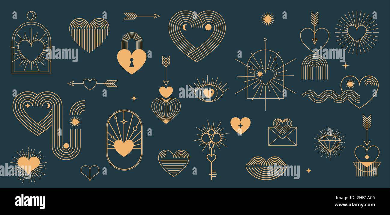 Elementi del giorno di San Valentino Boemo minimalisti, simboli e icone lineari dell'arte, cuore, labbra, sole e arcobaleno, modelli di design, disegno astratto geometrico Illustrazione Vettoriale