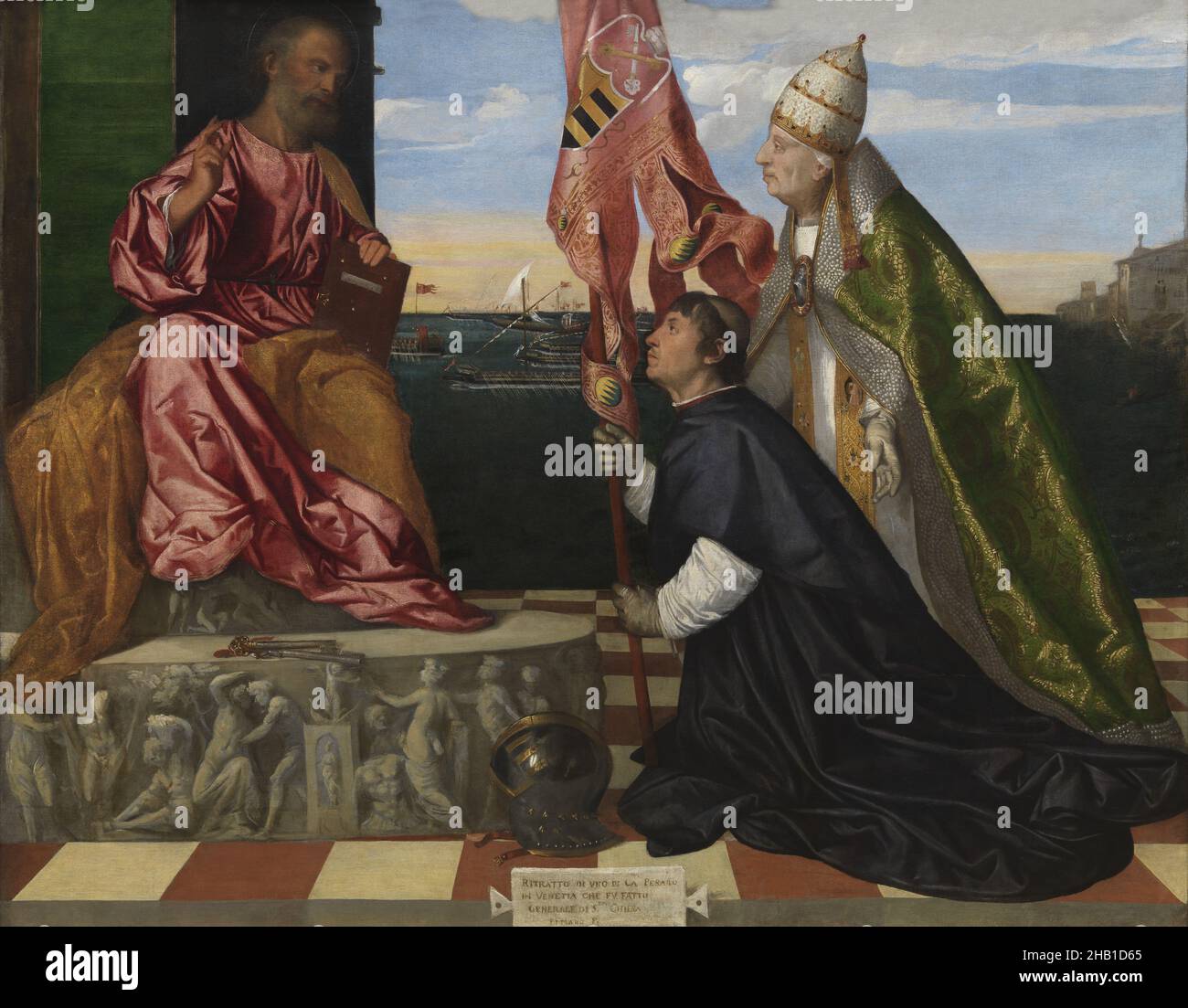 Jacopo Pesaro, Vescovo di Paphos, presentato da Papa Alessandro VI Borgia a San Pietro, Tiziano, (1503-1510), pittura, (1503-1510), Arte belga Foto Stock