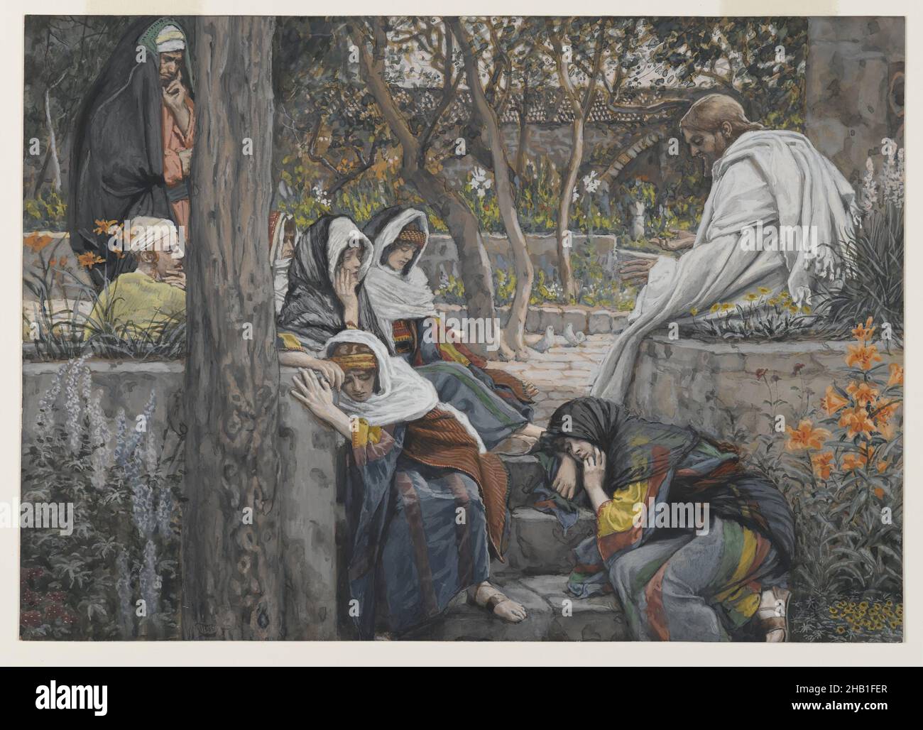 Gesù, Maria Maddalena e Martha a Betania, Jésus à Bethanie, Marie, Madeleine et Marthe, la vita di nostro Signore Gesù Cristo, la vie di Notre-Seigneur Jésus-Christ, James Tissot, francese, 1836-1902, acquerello opaco su grafite su carta grigia di coltre, Francia, 1886-1894, Image: 7 15/16 x 11 3/16 pollici, 20,2 x 28,4 cm, Cristo, Cristianesimo, figure, Gesù, Gesù Cristo, Maria, Maria Maddalena, nuovo Testamento, relgione, arte religiosa, alberi Foto Stock