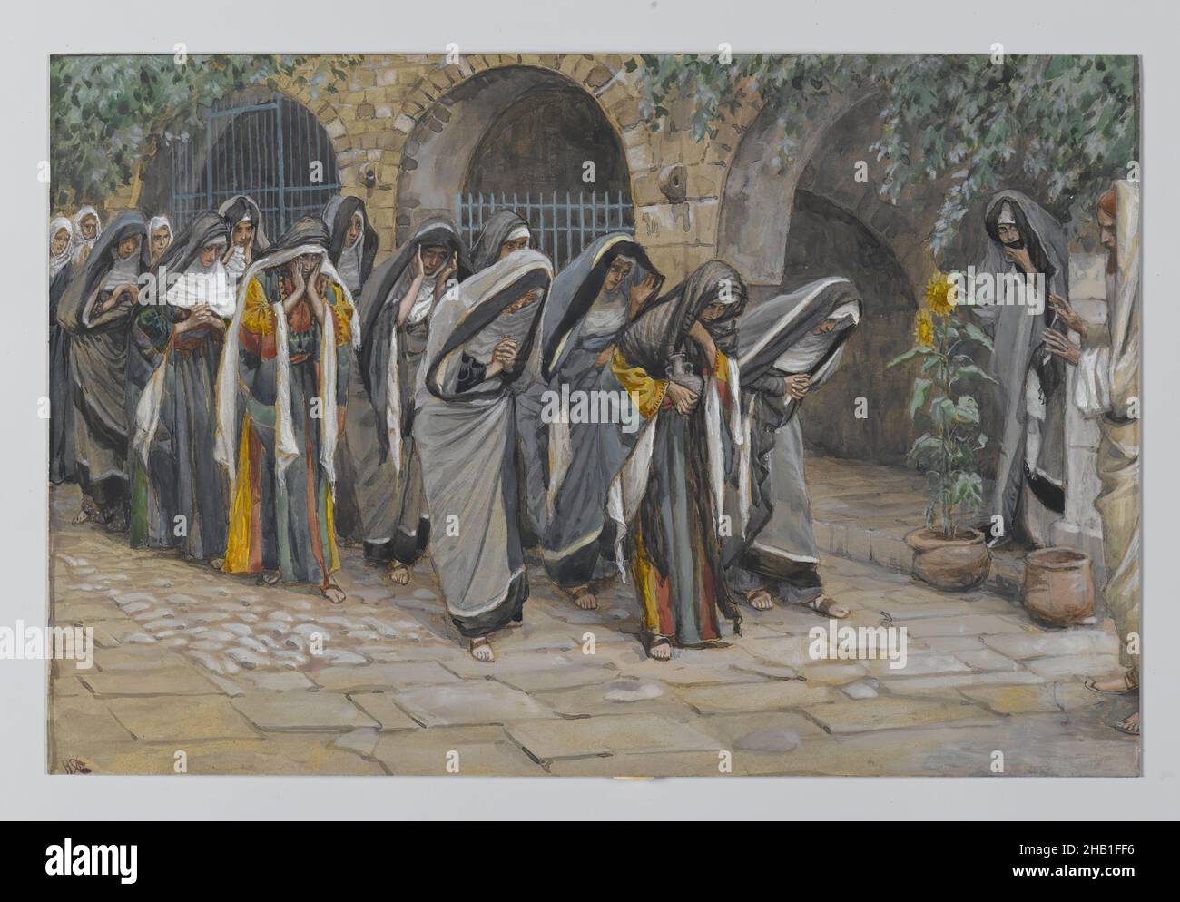 Le Sacre Donne, Les femmes saintes, la vita di nostro Signore Gesù Cristo, la vie di Notre-Seigneur Jésus-Christ, James Tissot, francese, 1836-1902, acquerello opaco su grafite su carta grigia di coltre, Francia, 1886-1896, immagine: 6 11/16 x 10 1/8 in., 17 x 25,7 cm, archivi, inchinatura, corteccia, flagstones, Abitudine, Santa, Gesù, suora, suore, preghiera, processione, religione, religione, arte religiosa, Riverenza, vesti, le donne sante, Tissot, velo, velato, donne Foto Stock