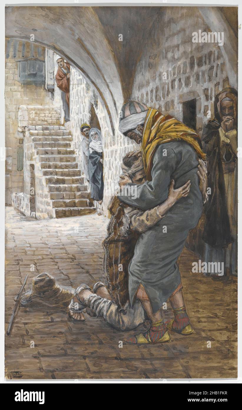 Il ritorno del Figlio Prodigo, le retour de l'enfant prodigo, la vita di nostro Signore Gesù Cristo, la vie de Notre-Seigneur Jésus-Christ, James Tissot, francese, 1836-1902, acquerello opaco su grafite su carta grigia di vove, Francia, 1886-1894, Image: 8 11/16 x 5 1/2 pollici, 22,1 x 14 cm, Bibbia, biblico, Cristo, Cristianesimo, città, ciottoli, comfort, disperazione, abbraccio, europeo, padre, perdono, ritorno a casa, Gesù, Inginocchiarsi, anelare, amare, nuovo Testamento, parabola, religione, religiosa, ritorno, figlio, scale, Pietra, Tissot, acquerello Foto Stock
