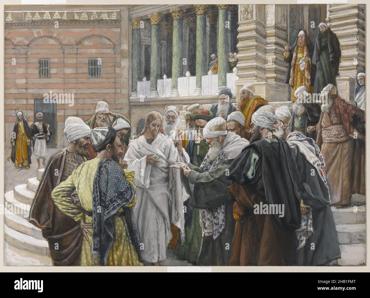 Il denaro Tributo, le denier de César, la vita di nostro Signore Gesù Cristo, la vie de Notre-Seigneur Jésus-Christ, James Tissot, francese, 1836-1902, acquerello opaco su grafite su carta grigia di vove, Francia, 1886-1894, immagine: 7 5/8 x 10 7/16 in., 19,4 x 26,5 cm, 19th secolo, barba, Bibbia, biblica, Cattolicesimo, Cristo, Cristiano, Cristianesimo, colonne, Folla, piazzale, francese, arte francese, pittura francese, Acquerello francese, grafite, gruppo, santo, Israele, Gerusalemme, Gesù, Gesù Cristo, Luca 20:20-26, uomini, Uomini, Messia, denaro, nuovo Testamento, pittura, religione, arte religiosa, passi Foto Stock