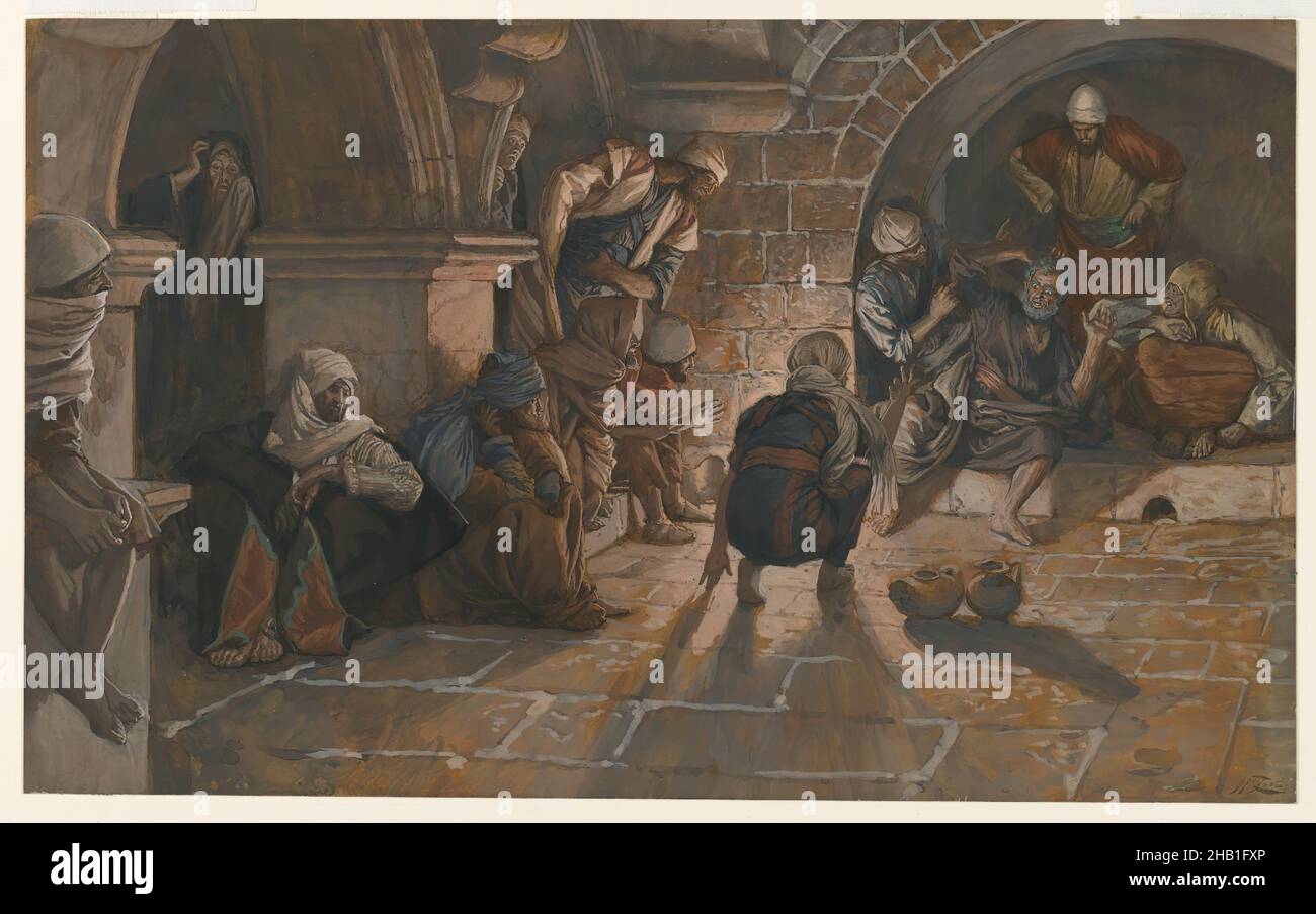 Il secondo Denial di San Pietro, Deuxième reniement de Saint Pierre, la vita di nostro Signore Gesù Cristo, la vie di Notre-Seigneur Jésus-Christ, James Tissot, francese, 1836-1902, acquerello opaco su grafite su carta grigia di vove, Francia, 1886-1894, Image: 8 7/16 x 13 7/8 pollici, 21,4 x 35,2 cm, Bibbia, negazione, fuoco, francese, Pittura francese, acquerello francese, bagliore, grafite, James Tissot, Gerusalemme, Giovanni 18:25, Luca 22:56-58, narrazione, nuovo Testamento, San Pietro, il secondo Denial di San Pietro, Tissot, acquerello, carta straccia Foto Stock